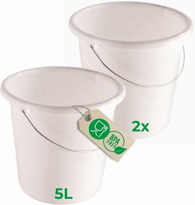 Novaliv 2 stuks emmer 5L wit met maatverdeling - schoonmaak emmer 5 liter? 22,5 cm Praktische alleskunner met schaalverdeling voor huishouden & tuin ideaal als huishoudemmer, wateremmer, dweilemmer, emmer