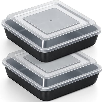 Vierkante Cakevorm met Deksel, RVS Bakvorm Set van 2, Antiaanbaklaag, 24 x 24 x 5 cm, Ideaal voor Taarten, Brownies en Lasagne, Duurzaam en Veilig