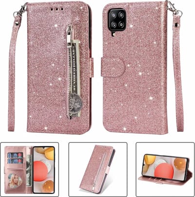 Portemonnee Hoesje - Wallet Case - Rits Sparkly Glitter - Telefoonhoes met Kord Geschikt voor: Samsung Galaxy A42 - Rosegoud