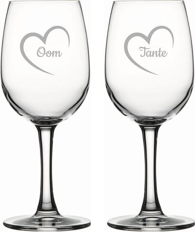 Gegraveerde witte wijnglas 26cl Tante met hartje & Oom met hartje
