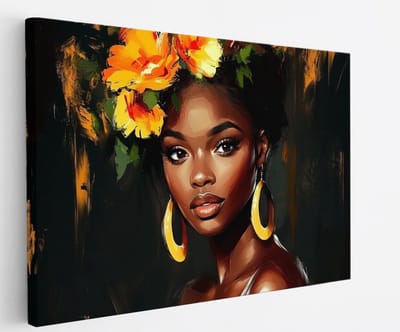 Saammp Canvas Schilderij - Abstract - Afrikaanse Vrouw - Oranje Bloemen - 30x20 - Foto op canvas - Wanddecoratie - Muurdecoratie Woonkamer - Slaapkamer decoratie - Canvas Print