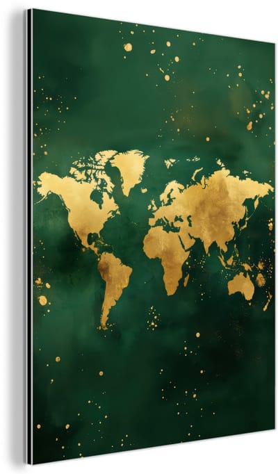 Aluminium schilderij 90x120 cm - Wanddecoratie metaal - Wereldkaart - Groen - Goud - Metalen muurdecoratie woonkamer - Decoratie industrieel - Foto op dibond - Industriële accessoires slaapkamer