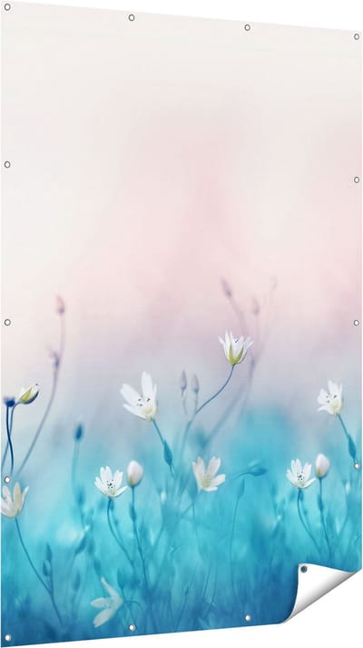 Gards Tuinposter Witte Bloemen op een Blauw Achtergrond - 120x180 cm - Tuindoek - Tuindecoratie - Wanddecoratie buiten - Tuinschilderij