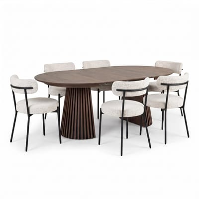 Tokyo eethoek eettafel incl. 2 verlengbladen Ø120x120-160-200cm smoked en 6 stoelen bouclé wit.