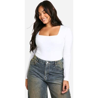 Dames Boohoo Basics Plus Katoenen Bodysuit met Vierkante Hals en Lange Mouwen | White | Maat: 26