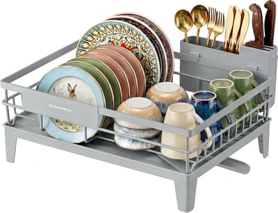SONGMICS Afvoerafvoer 360° Draaibaar en Uitschuifbaar, Druppelbak, Bestekhouder, Keuken, 31 x 42 x 18,5 cm, Duifgrijs