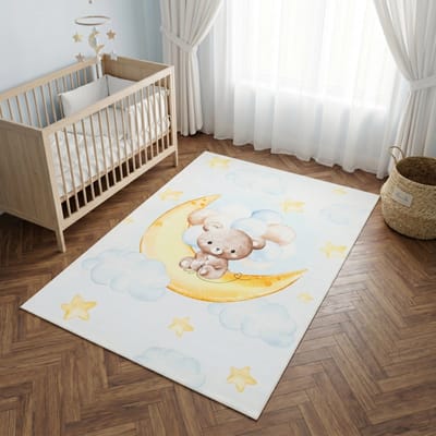 Tapiso Kids Kindervloerkleed Beer Maan Sterren – Zacht Babykamertapijt Crème Blauw Aquarel – Antislip Wasbaar 80x150