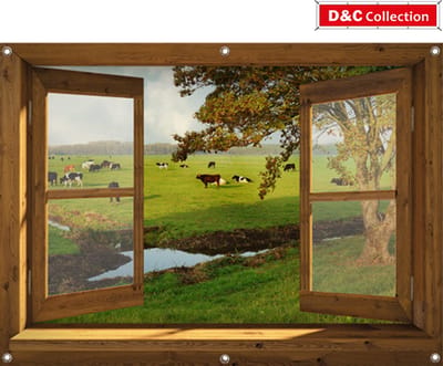 Tuindoek doorkijk - 130x95 cm - openslaand bruin venster naar koeien in landschap - tuinposter - tuin decoratie - tuinposters buiten - tuinschilderij