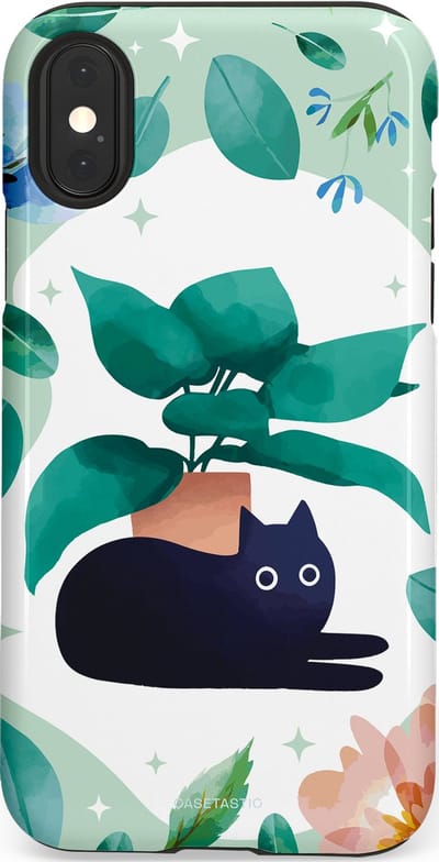 Casetastic hoesje geschikt voor Apple iPhone X / Apple iPhone XS - Dubbellaagse bescherming - Plantenkat - Fashion Case - Lichtgrijs Turquoise Wit Mintgroen