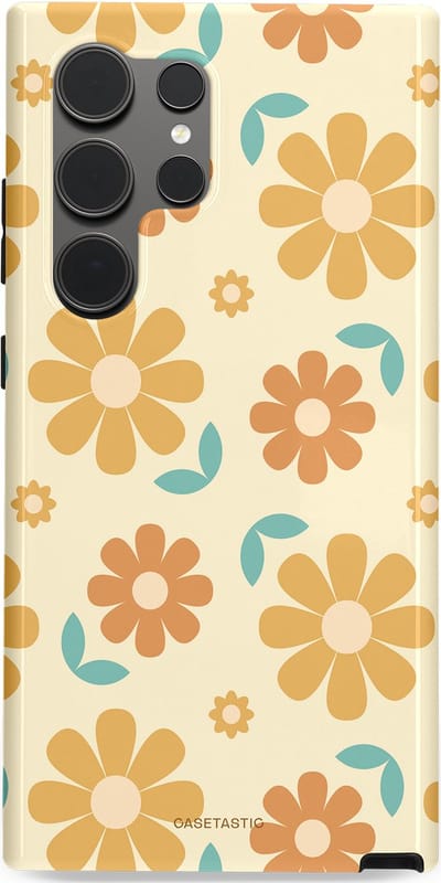 Casetastic hoesje geschikt voor Samsung Galaxy S24 Ultra - Dubbellaagse bescherming - Flower power Retro Bloemen - Geel - Oranje - Blauw - Fashion Case - Crème Goud Perzik