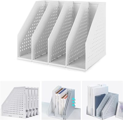 Inklapbare Tijdschrift Houder - Desktop Boek Organizer met 4 Compartimenten voor Documenten en Kantoorbenodigdheden - Verstelbare Lever Folder in Lichtgrijs