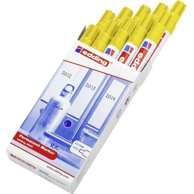 edding 3000 permanent marker - geel - 10 stiften - ronde punt 1,5-3 mm - sneldrogende permanent marker - water- en wrijfvast - voor karton, kunststof, hout, metaal - universele marker