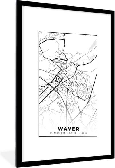 Fotolijst incl. Poster Zwart Wit- Plattegrond – Waver – Zwart Wit – Stadskaart - Kaart - België - 60x90 cm - Posterlijst