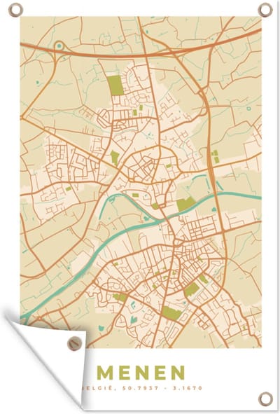 Muurdecoratie Vintage - Menen - Kaart - Stadskaart - Plattegrond - 120x180 cm - Tuinposter - Tuindoek
