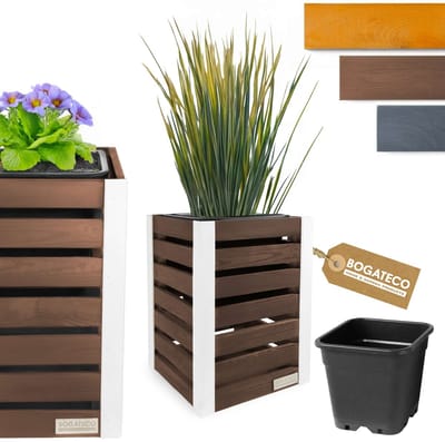 BOGATECO Houten Bloembak | Plantenbak | Bloempot 59 x 36 x 36 cm | Kruidenpot voor Thuis Tuin Balkon Terras | Pot met Kunststof Inzetstuk | Geïmpregneerd | Donkerbruin