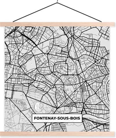 Posterhanger incl. Poster 40x40 cm - Schoolplaat - Plattegrond - Fontenay-sous-Bois - Stadskaart - Kaart - Frankrijk - Textielposter - Blanke latten - Stadskaart