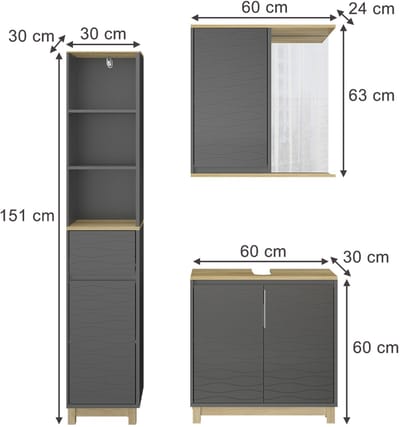 Vicco Badkamermeubelset Livia, Antraciet/Eiken, 3-delig