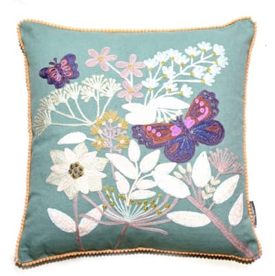 Only Natural sierkussen kussen velvet fluweel groen met geborduurde vlinders en bloemen 45 x 45 cm