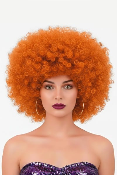 KIMU® Pruik Afro Oranje Koper Disco - met Gratis 2x Haarnetje - Afrokapsel Seventies Krullen Bruin Ginger Koperkleurig Roodharige Rood Festival