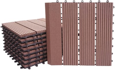 WPC vloertegel Rhone + afwerking, houtlook balkon/terras, 11x elk 30x30cm = 1m² Premium ~ koffie lineair verticaal