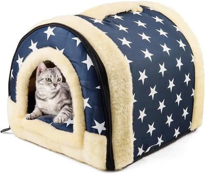 Famanu – Kattenhuis voor binnen, kattenmand, opvouwbaar, kattenbed hol met afneembaar kussen, kattenhuis, warm, outdoor, kattenbed, wasbaar, voor klei