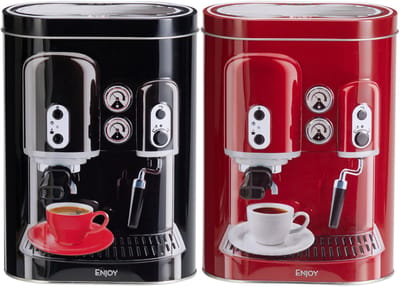 Koffie bewaarblik - metaal - retro koffiemachine set - zwart - 13x8x19 cm - cups/bonen/filterkoffie