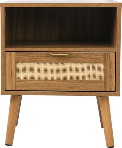 Rotan Nachtkastje - Boho Bijzetkastje - Lade met Gouden Handgreep - Open Vak - Massief Houten Poten - Slaapkamer - 45x40x55 cm - Natuurlijk Hout