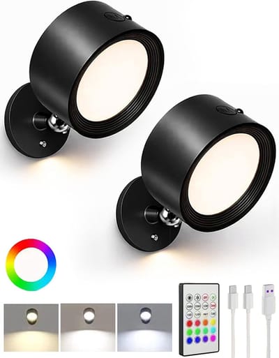 KZQ Draadloze wandlampen met afstandsbediening, RGB kleurveranderend en dimbaar, 3 kleurtemperaturen, 360° draaibaar magnetisch, oplaadbaar via USB, geschikt voor slaapkamer en studeerkamer, set van 2