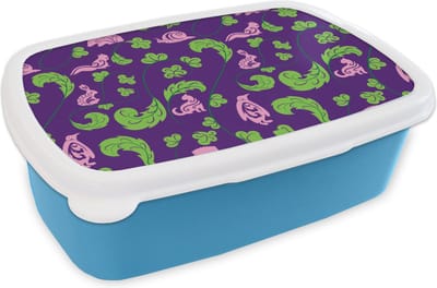 Broodtrommel Blauw - Lunchbox - Brooddoos - Bladeren - Dieren - Patronen - 18x12x6 cm - Kinderen - Jongen