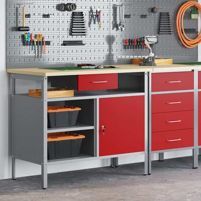 vidaXL - Werkbank - met - lade - met - plank - Rood - en - Grijs - 100 - x - 55 - x - 85 - cm