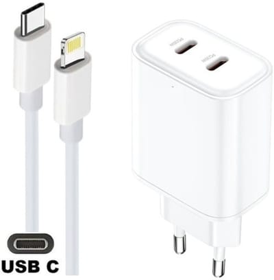 OneOne 35W snellader met 2 poorten USB C en USB C + 1,2m USB C naar Lightning kabel. Witte PD lader. Oplader adapter past op iPhone 8 t/m iPhone 14