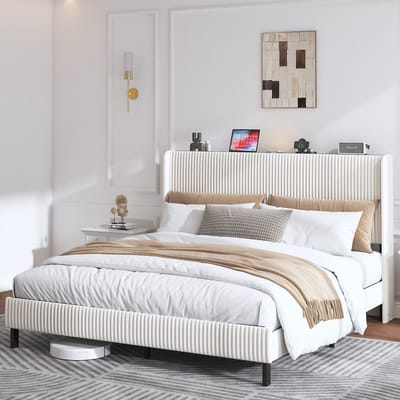 DESMIU Gestoffeerd Bed 180x200 cm – Geribbeld Hoofdbord Met Vleugelvorm – Geluidsarm Metalen Lattenframe – Zonder Matras – Slaapkamer – Beige Crème