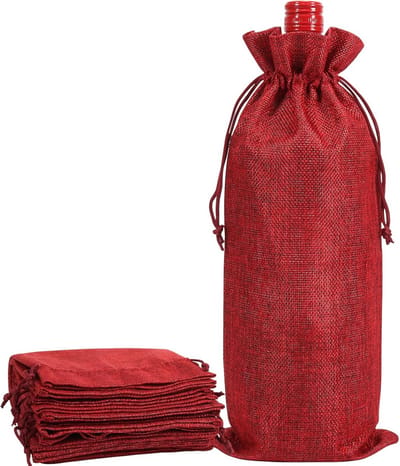 10x Jute Wijnzakken met Trekkoord - Cadeau Verpakking voor Wijnflessen - Rood