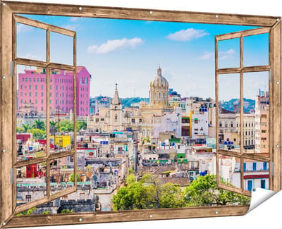Gards Tuinposter Doorkijk Havana Stad in Cuba - 180x120 cm - Tuindoek - Tuindecoratie - Wanddecoratie buiten - Tuinschilderij