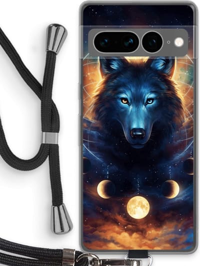 Case Company® - Hoesje met koord geschikt voor Google Pixel 7 Pro hoesje met Koord - Wolf Dreamcatcher - Telefoonhoesje met Zwart Koord - Bescherming aan alle Kanten en Over de Schermrand