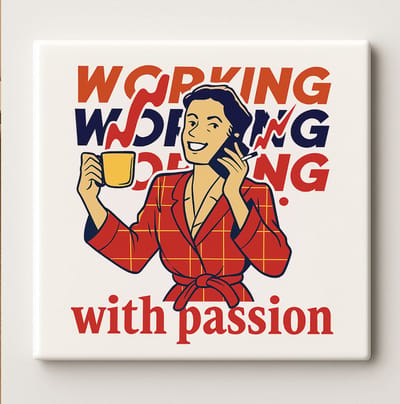 Working with Passion Retro Tegel 15x15cm – Motiverende Kantoor Wanddecoratie, Vintage Koffie Ontwerp, Perfect Cadeau voor Werkliefhebbers