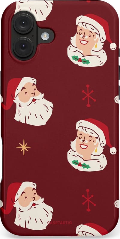 Casetastic hoesje geschikt voor Apple iPhone 16 Plus - MagSafe - Dubbellaagse bescherming - Mr. & Ms. Santa - Kerst - Fashion Case - Bordeaux Lichtgrijs Taupe