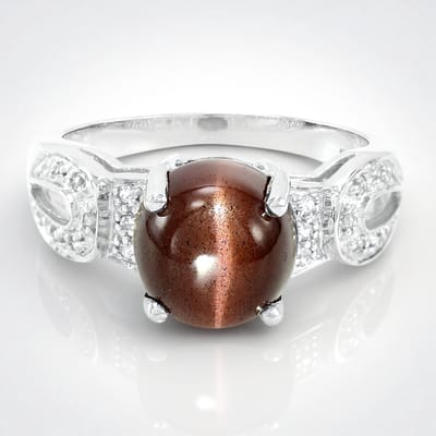Cavill - Zilveren Ring - 925 Sterling Zilver - Kattenoog Scapoliet 3,64 ct & Witte Topaas 0,09 ct - Ronde Cabochon - Elegante Damesring