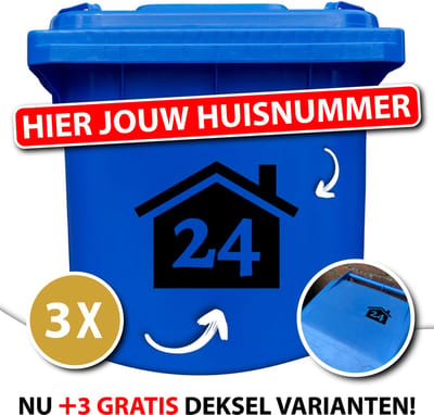 Container Sticker - 6 STUKS VOOR 9,99 - 3 GROTE & 3 DEKSEL VARIANTEN - Huisje met Huisnummer - Formaat 20 x 15,5 cm - Zwart - Klikostickers - Weerbestendige Stickers - Kliko Sticker Voordeelset - Cadeau / Geschenk - 12345678910