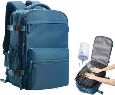 Vacuüm Rugzak - Vacuüm compressierugzak voor heren en dames - Handbagage Rugzak voor Vliegtuig - Inclusief elektrische luchtpomp - Waterafstotend - Maakt compacte verpakking mogelijk - Voor reizen werk en school - 42 x 29 CM - Blauw