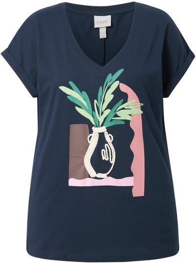 Ulla Popken - Dames - T-shirt vaas V-hals korte mouwen biologisch katoen - Marine - Maat 42+