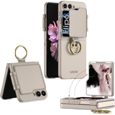 Coque de téléphone avec anneau de support et protection d'écran arrière miroir pour Samsung Galaxy Z Flip 6 Flip6 5G, coque rigide antichoc Galaxy Z Flip 6 gray
