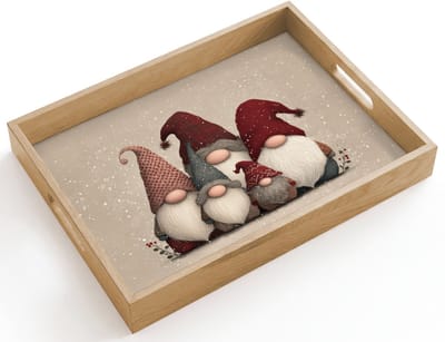 Dienblad hout 40x30 cm - Schootdienblad - Kabouters - Kerst - Sneeuw - Puntmutsen - Borrelplank rechthoek - Plateau dienbladen