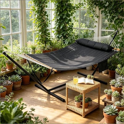 Dubbele hangmat - Met frame - Ontspannen in tuin - Hoge stabiliteit - 200x140 cm - Antraciet