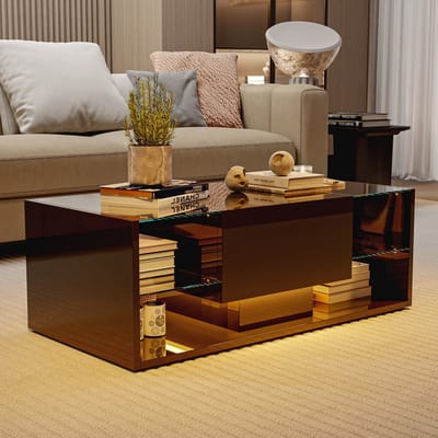 Moderne salontafel voor de woonkamer, met opbergruimte, LED hoogglans salontafel van MDF en gehard glas met één lade en twee planken