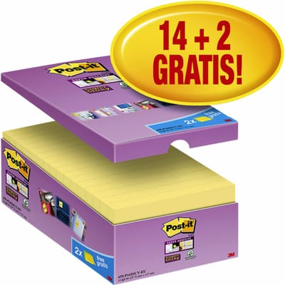 Post-it® Sticky Notes Super Sticky Notes 65516SYP, B 76 x D 127 mm, PEFC® papier, geel, 14 + 2 pads gratis, 90 vellen/pad