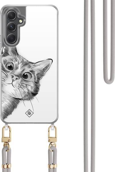 Casimoda® hoesje met koord - Geschikt voor Samsung A34 - Peekaboo Kat - Afneembaar koord - TPU/polycarbonaat - Grijs