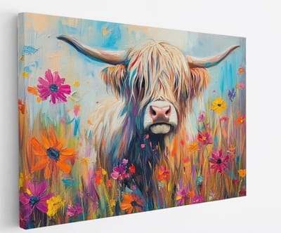 Saammp Canvas Schilderij Schotse Hooglander Koe op een rots - Dieren - Natuur - 60x40 - Foto op canvas - Wanddecoratie - muurdecoratie Woonkamer - Slaapkamer decoratie - Canvas Print