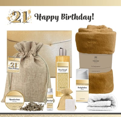 Geschenkset “21 Jaar Happy Birthday!” - 8 producten - 1210 gram - Triomf Cosmetica I Cadeau Vrouw Verjaardag 21 jaar Giftset Twenty one Party Luxe wellness cadeaubox Gefeliciteerd Geschenk Pakket Douchegel Cadeaupakket Gift Set Verjaardagscadeau Goud