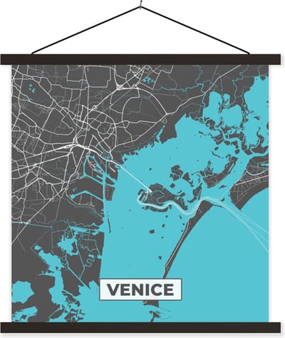 Posterhanger incl. Poster 60x60 cm - Schoolplaat - Venetië - Stadskaart - Plattegrond - Blauw - Kaart - Textielposter - Zwarte latten - Stadskaart